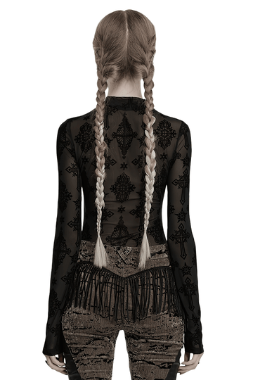 Chic Gothic Mesh Top with Cross Patterned Flocking
